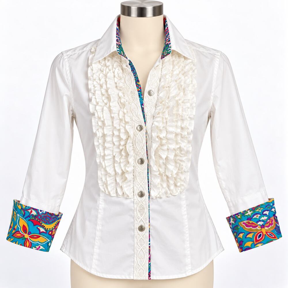 Robert Graham White Ruffle Shirt Women's XS Colorful Cuff Button Down - Picture 1 of 13